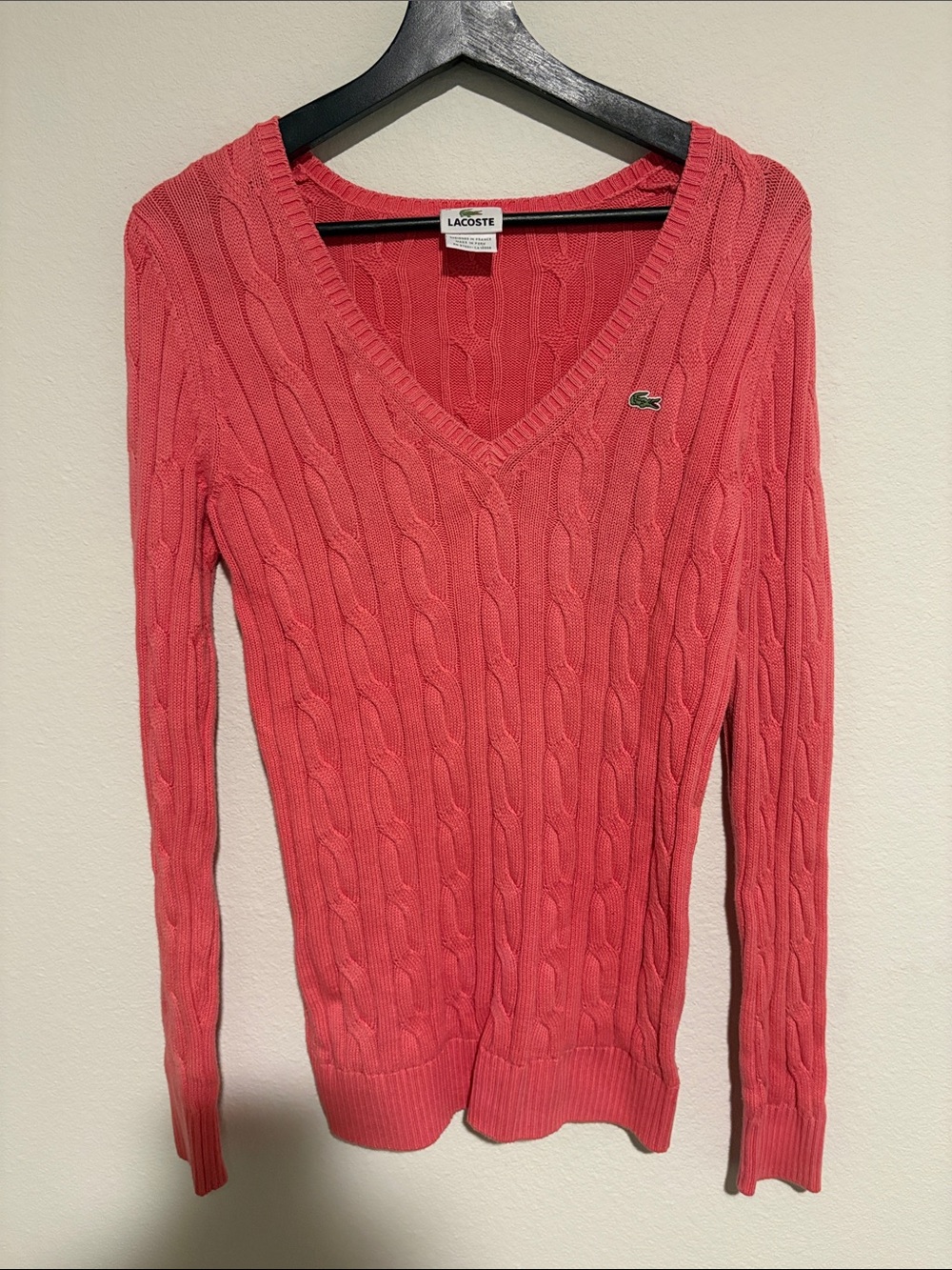 Lacoste Women’s Cable V-Neck Sweater in Coral Pink